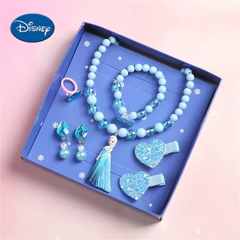 Disney Children's Jewelry 7pcs Set Girls Necklace Gift Toys Frozen Elsa Snow White Cute Ear Clips Ring Necklace Baby Jewelry 1