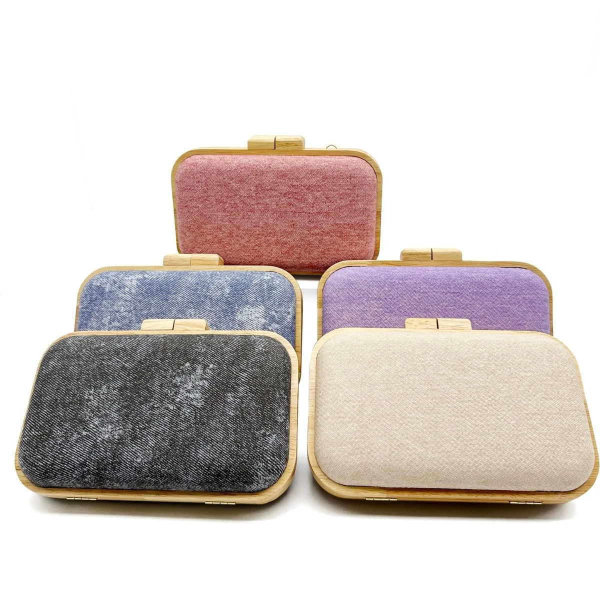 Vintage Washed Denim Clutch Bag for Women Chains Shoulder Crossbody Bags Fashion Wooden Clip Evening Party Purses Wedding Bag