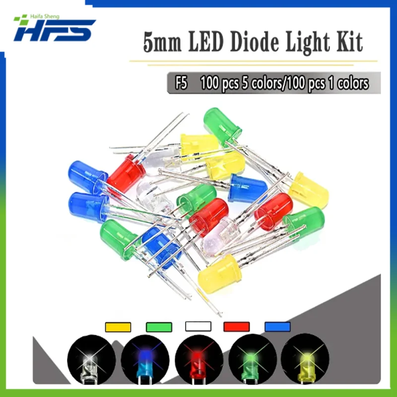 

100PCS 5MM F5 LED Diode 5 mm Light Assorted Kit Green Blue White Yellow Red COMPONENT DIY kit