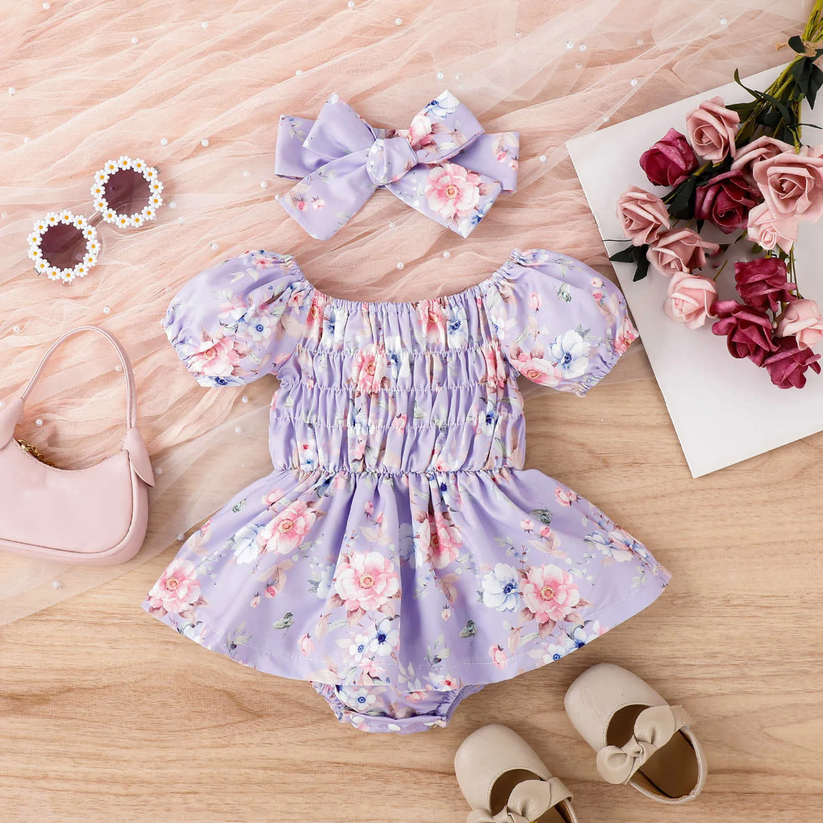 

Infant Girls Short Sleeve Bodysuits Floral Prints Romper Newborn Bodysuits With Headbands Outfits Bodysuit For Toddlers Girl