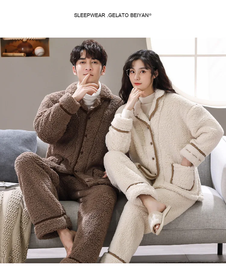 cotton pj set Winter Warm Pants Pajama 2Pcs/Set Mens Womens Cardigan Long-sleeved Thicken Lamb Velvet Pajamas Soft Nightwear for Couples organic pyjamas