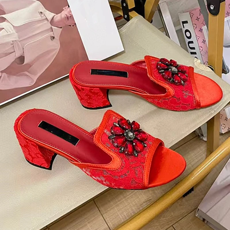 

Women's Sandals 2023 Summer Lace Printed Rhinestone Bow Red High Heel Slippers Women Sandals