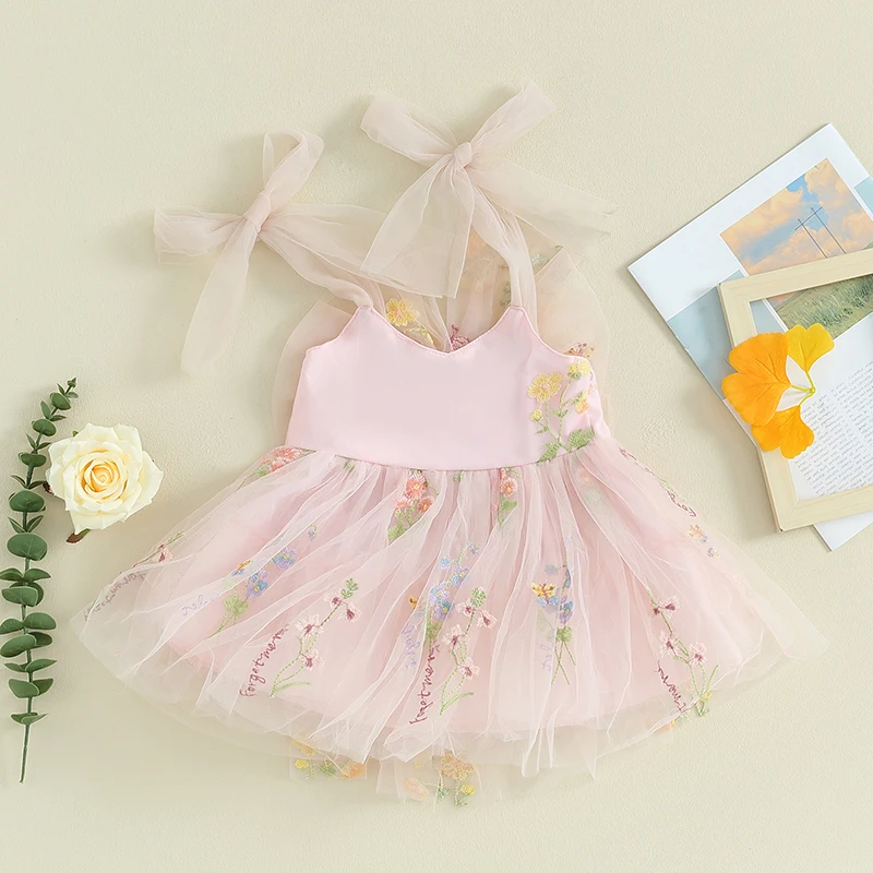 Summer Baby Girls Princess Dress Senza Maniche Ricamo Floreale Elegante Bowknot Tulle Dress Compleanno Ragazze Vestiti Abiti