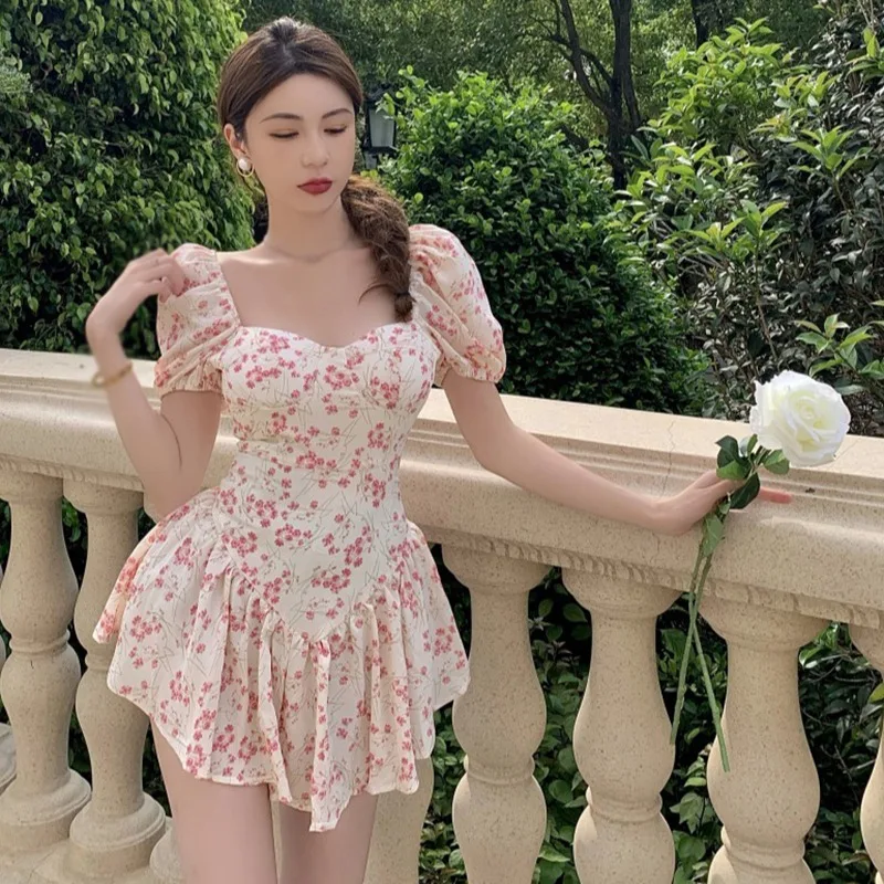 

Summer Floral Dress For Women High Waist Square Neck Off Shoulder Girl Mini-Dress