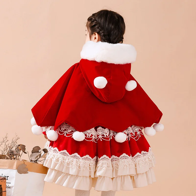 New Year's Wear Bright Red Coat Girl Lolita Plus Cashmere Clip Cotton Big Real Wool Collar Cape