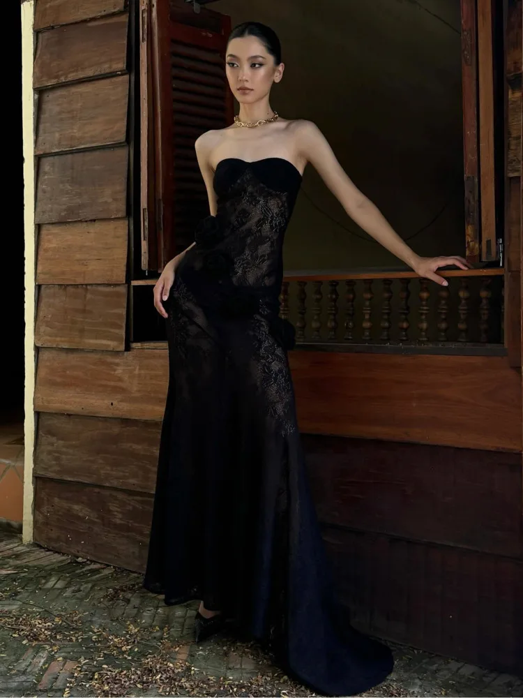 Elegant Lace Patchwork Bodycon Party Evening Dress Women Sexy Strapless 3D Flower Slim Backless Dress Autumn/winter 2025