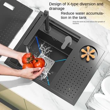 สีดําชามเดี่ยวอ่างล้างจานสแตนเลสพร้อมDrainer 304 วัสดุNano Surface Treatmentจีนขายส่ง 2