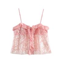 Zevity 2024 Women Chic Pleat Ruffles Sequined Design Chiffon Sling Camis Tank Lady Backless Short Crop Shirt Blouse Tops LS7195 - Image 4