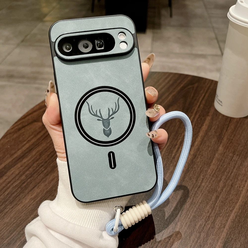Cartoon Deer Leather Case with Wristband and Wireless Charger Cover