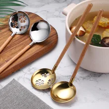 

Gold Stainless Steel Soup Ladle Colander Long wood Handle Kitchenware Cookware Serving Spoon Soup Spoon for Cooking Utensil