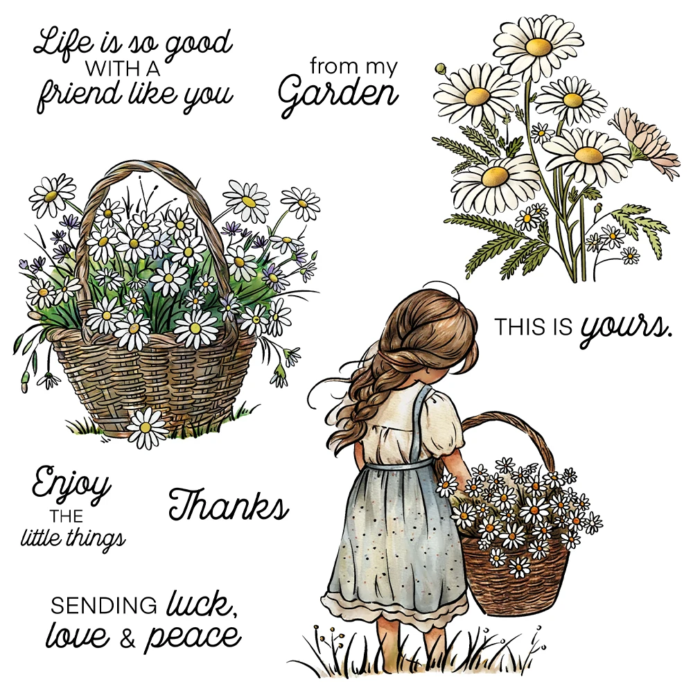 Mangocraft Blooming Daisy Flowers Girl Clear Stamp DIY Scrapbooking Supplies Silicone Stamp For Card Making Albums Crafts Decor