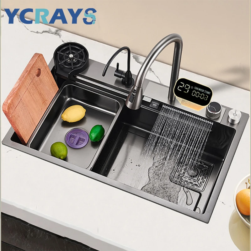 Kitchen Accessories Kitchen Sink Kitchen Sink Faucet Set YCRAYS Digital Display Nano Kitchen Sink Large Single Bowl SUS304 Waterfall Faucet Cup Washer Purified Tap Soap Dispenser