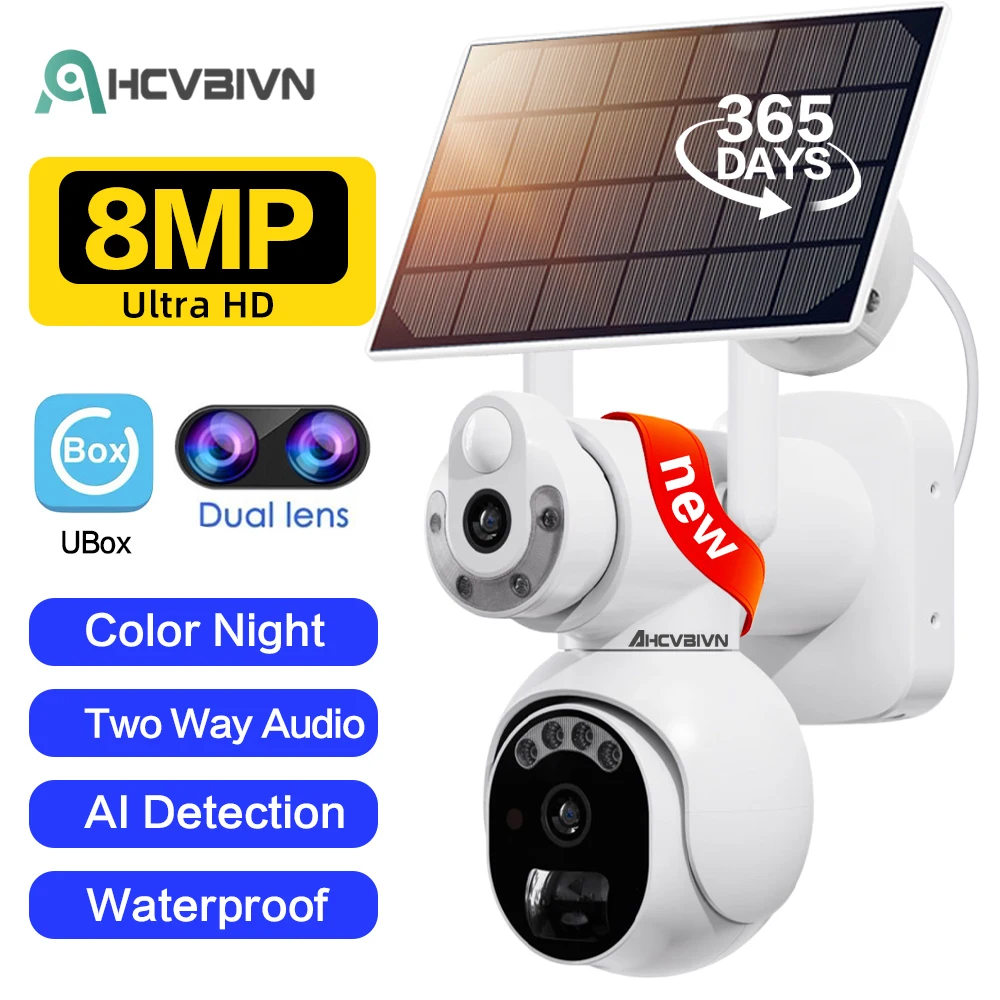 8Mp Uhd Dual Screen Solar Wifi Camera 4K Outdoor Dual Lens Full Color Pir Detection Human Auto Tracking Telecamera Di Sicurezza Solare