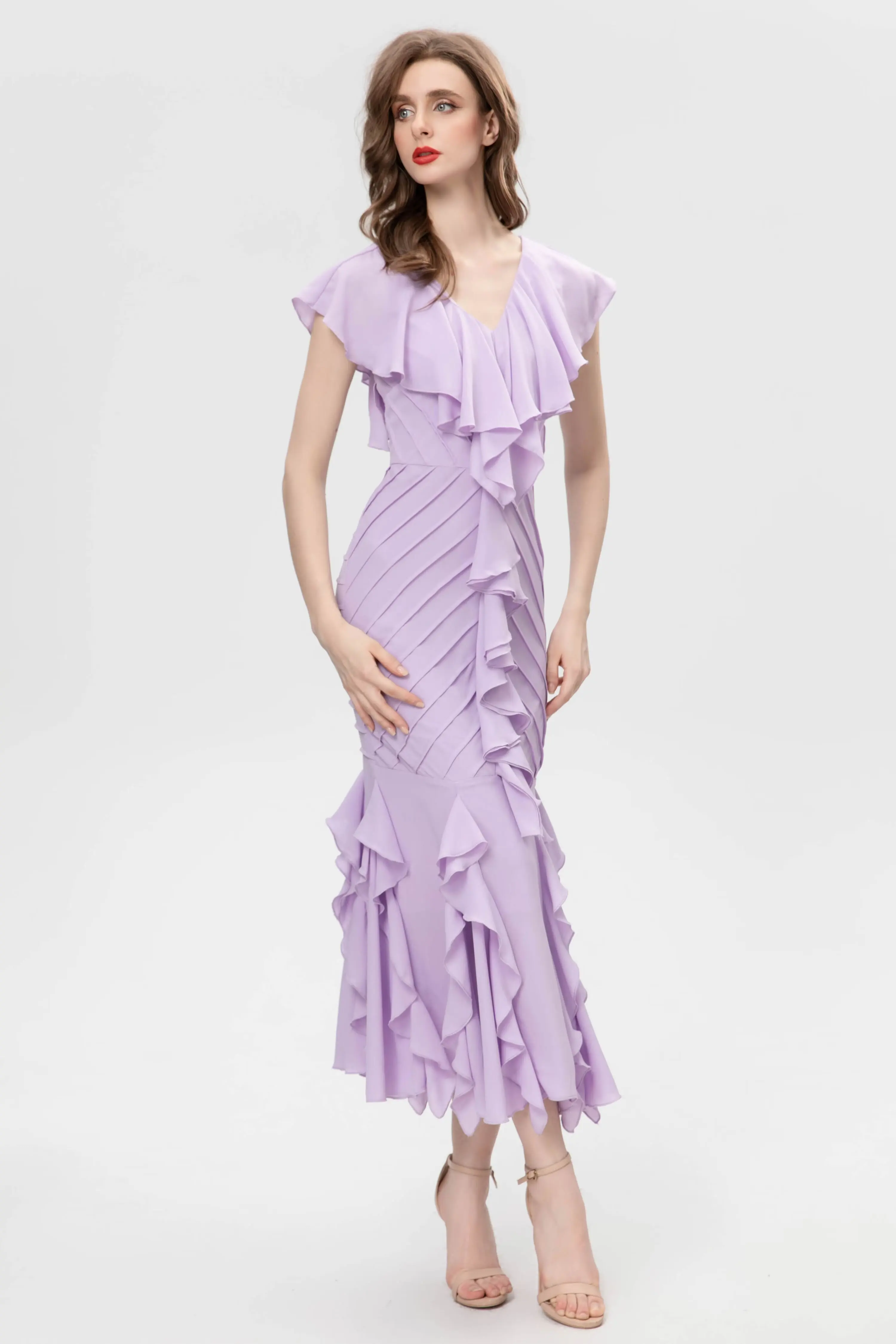 

Mermaid Tail Dress for Banquets, V-Neck, Lotus Leaf, Slim, Temperament, Holiday, Spring, 2024