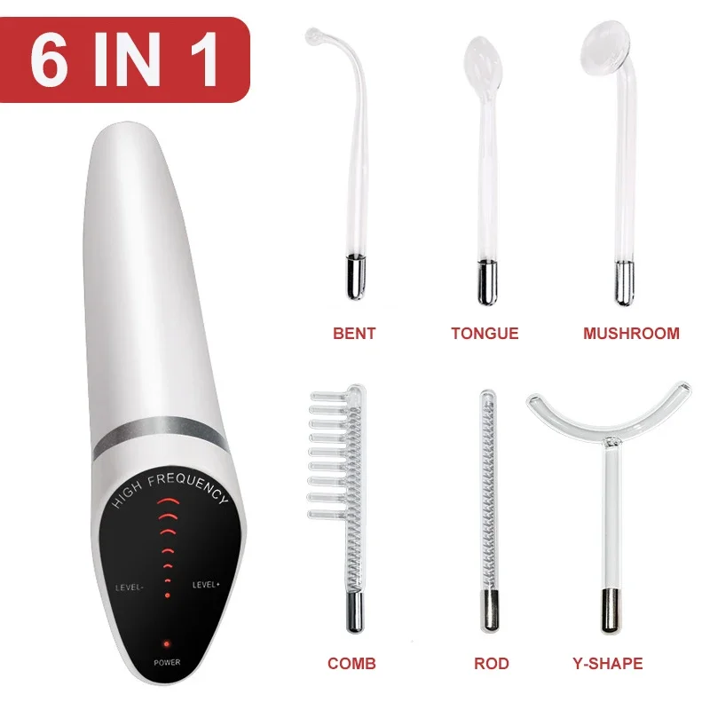 6 IN 1 High Frequency Electrode Wand w/Neon Electrotherapy Glass Tube Spot Acne Remover Skin Care Face Hair Salon Beauty Device