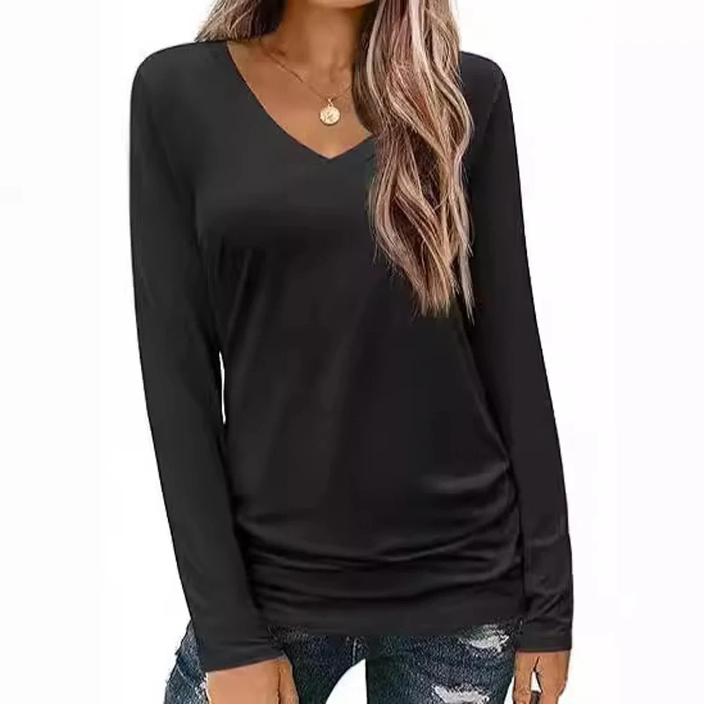Women V Neck Long Sleeve Loose Fit Solid Color T Shirts