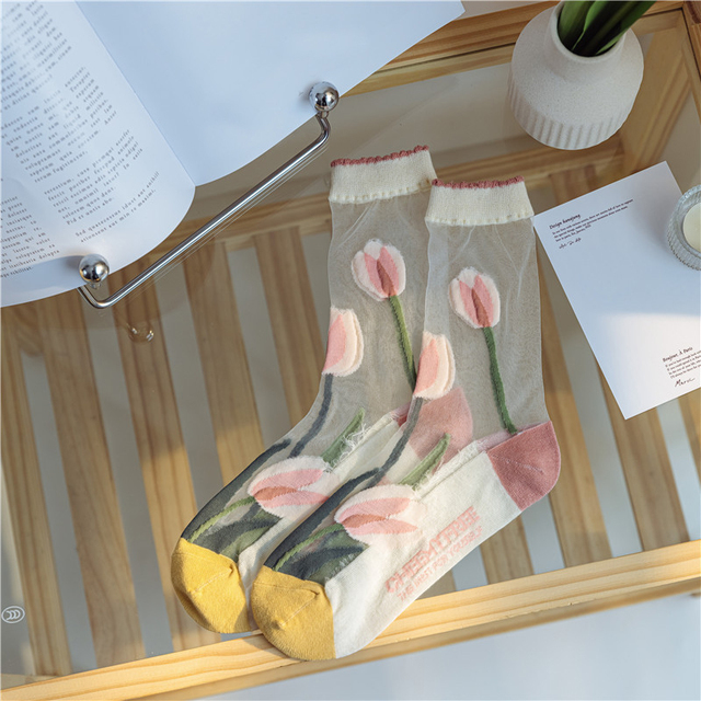Transparent Thin Crystal Silk Socks Women Summer Floral Crew Socks Female Korean Nylon Short Ankle Silk Socks Meias