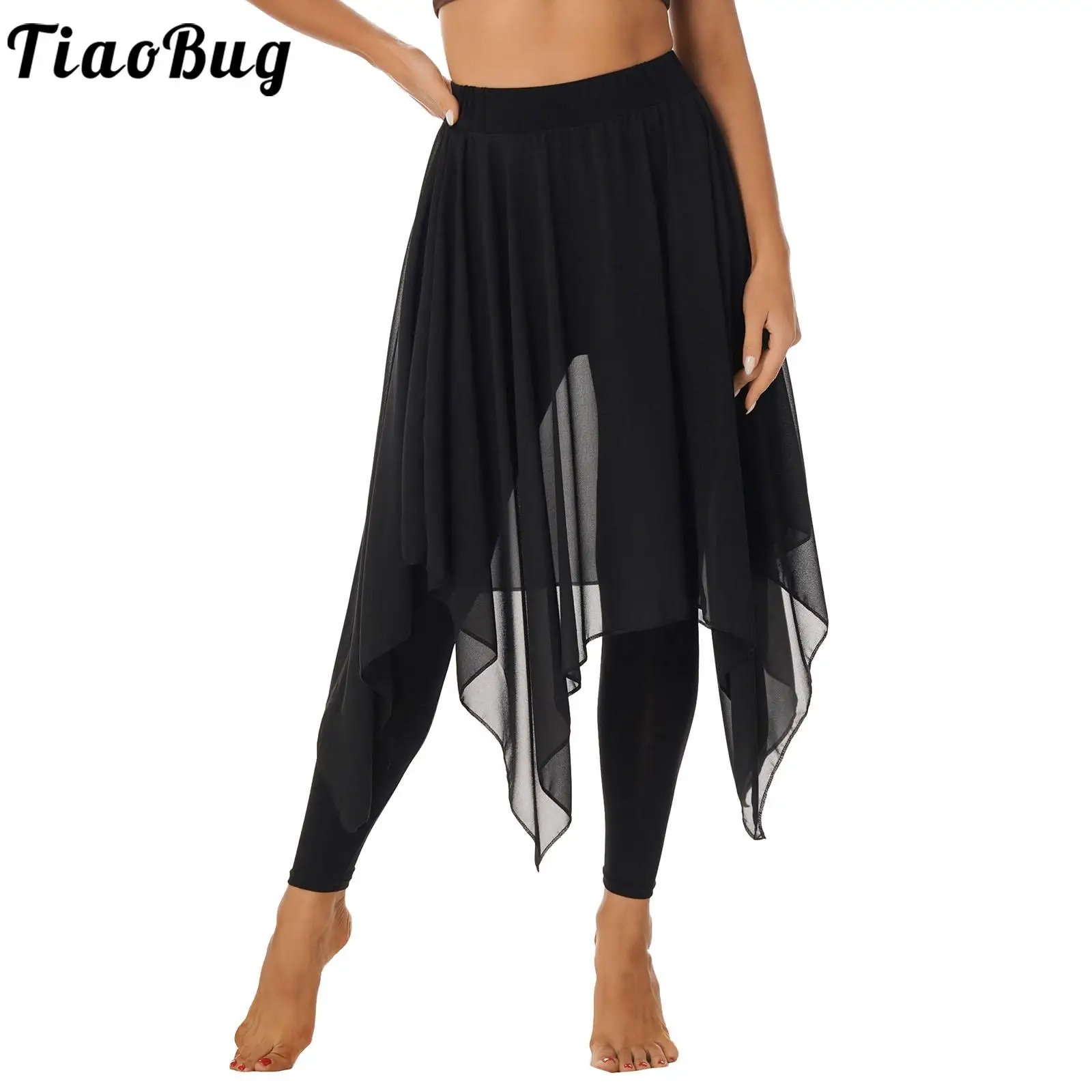 

Womens Girls Asymmetrical Hem Sheer Chiffon Dance Skirt Elastic Waistband Dance Training Practice Leggings Skirts Clothes