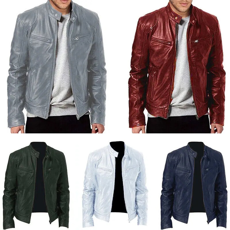 Texwood men's casual and sports wear store, summer beach clothes, men's leather fashion, jewelry, sunglasses Mens Retro Leather Jacket Motorcycle Stand Collar Biker Coat Zip Up Slim Fit Outwear Top Jacket Coat
