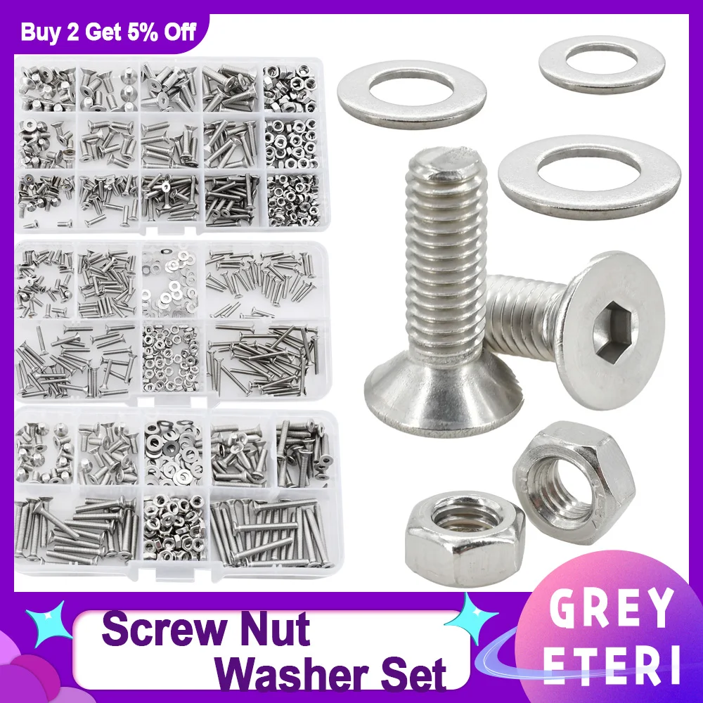 Nut Washer Kit Parafusos de Máquina Escareada Junta Hex Allen Nuts Grupo Variedade Aço Inoxidável m2 m3 m4 m5 m6 304