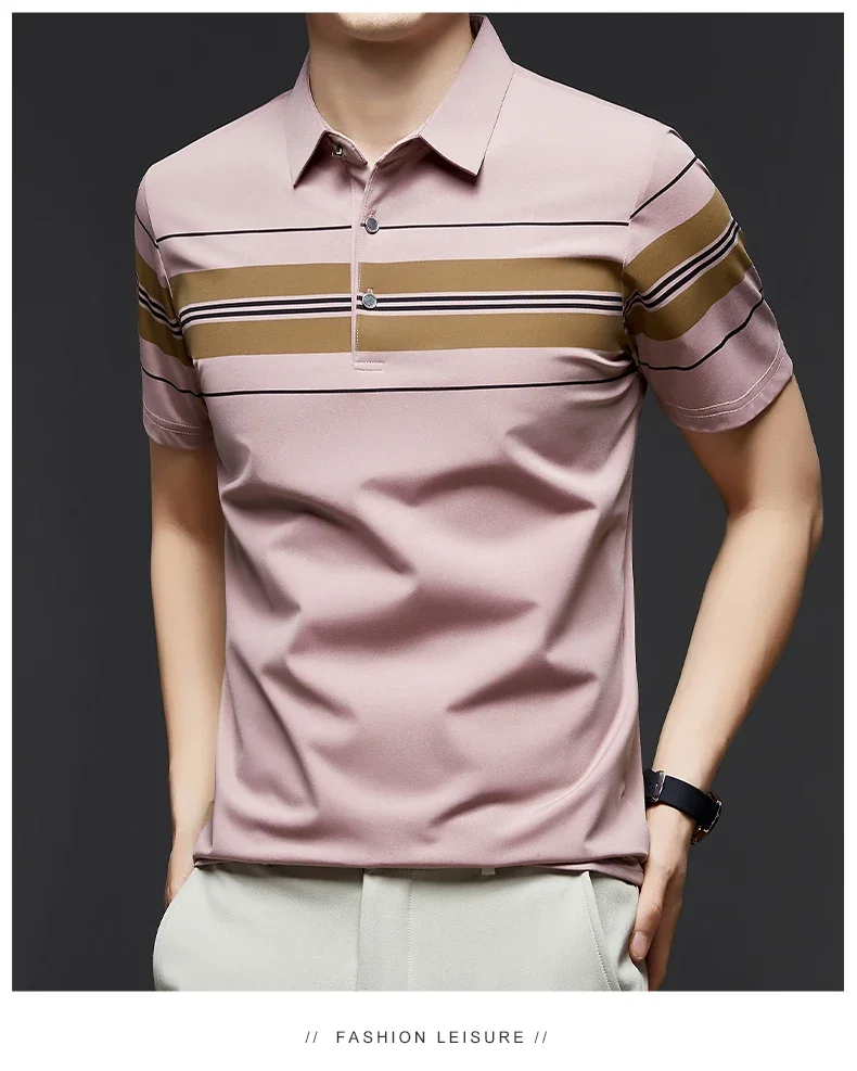 BROWON Brand 2025 Summer Men Polo Shirt Short Sleeve Lapel Collared Smart Casual Striped Office Polo Tops Tees for Men 21 S37b1ecc0f1284358bc9773ff6bc488d7r