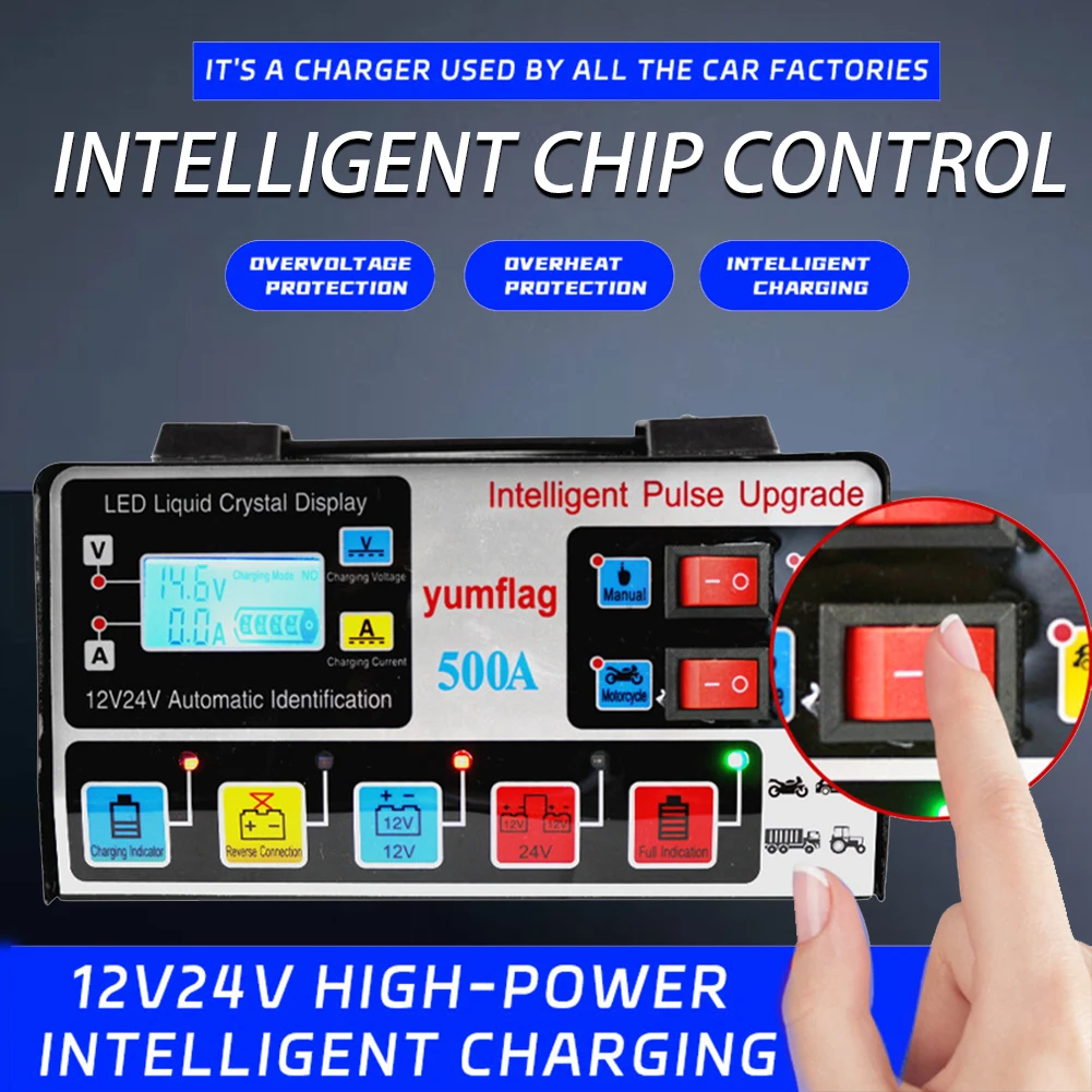 500A Smart Charger LCD Display Moto Battery Charger Car and Motorcycle Battery Charging Unit for Lead-Acid AGM GEL EFB Batteries