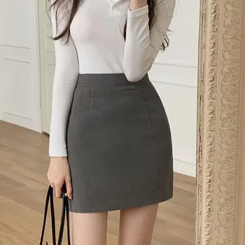 Xpqbb Black Gray Women's Mini Skirt Korean Fashion High Waist OL Office Package Hip Skirts Ladies Solid Simple Pencil Skirt 1
