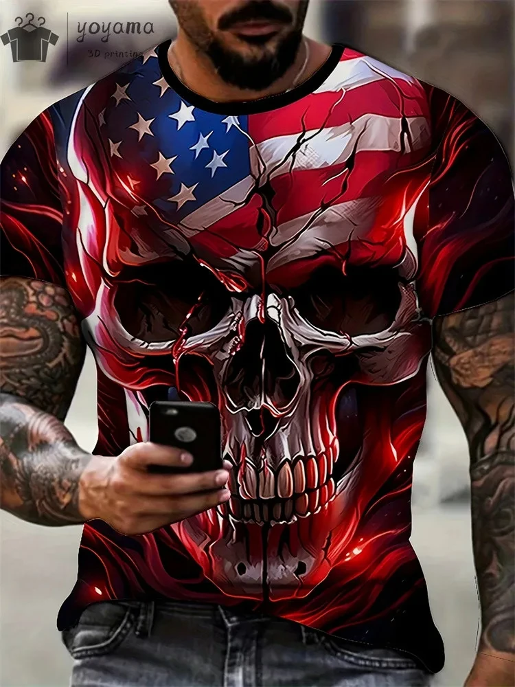 Mens Oversized 3D Skull Print T-Shirt - Summer Horror Fashion Tee