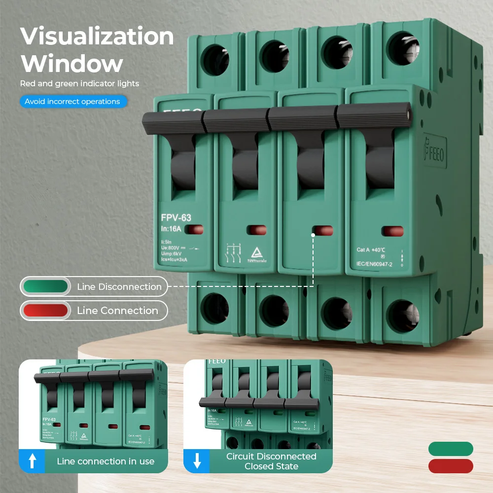 FEEO New Type Solar 4P 6A-63A DC 1000VDC on Din Rail Electrical Switch Mini Circuit Breaker for PV System MCB CE TUV Certificate