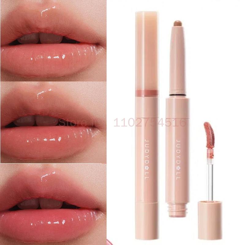 Judydoll Double Head Lip Gloss Lip Liner 2-in-1 Mirror Water Gloss Red Contour Makeup Waterproof Long Lasting Lipstick Cosmetics