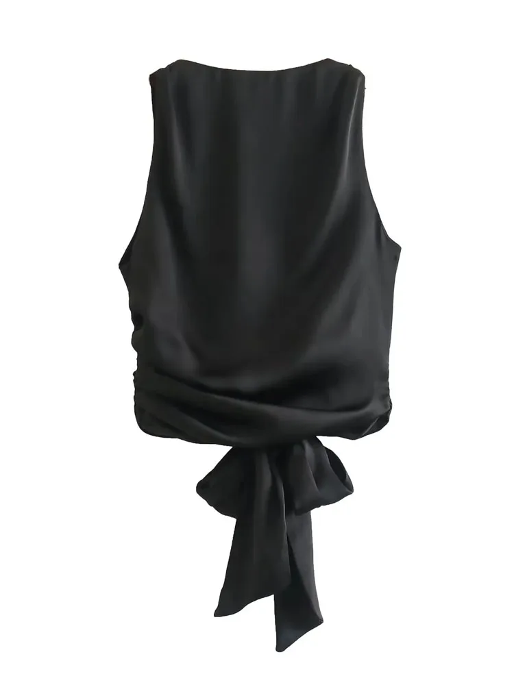 black satin tie front top