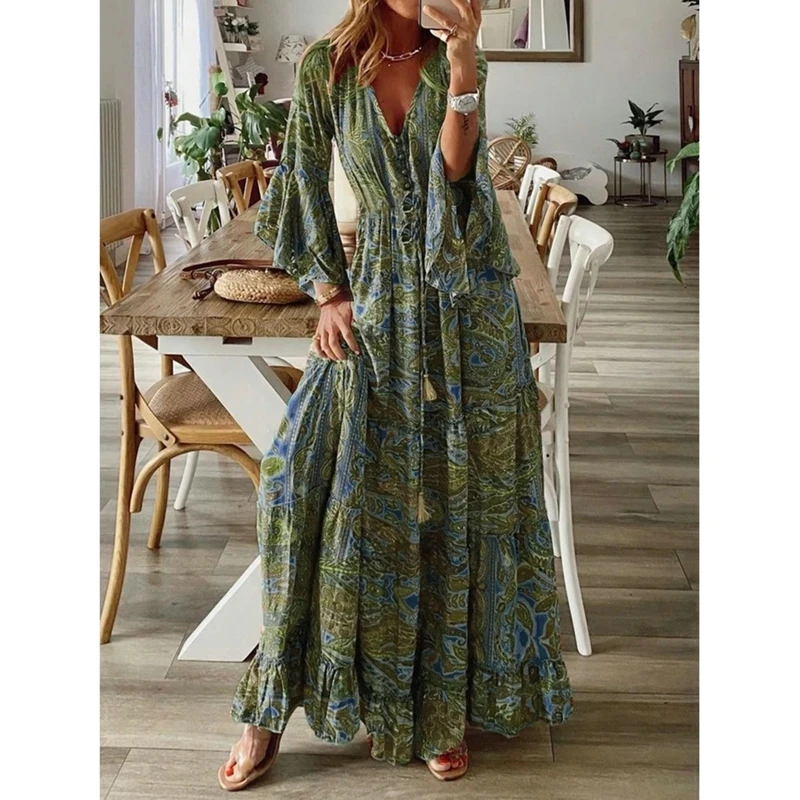 

Women'S Bohemian Long Dress Summer Boho Full Sleeve Colorful Retro Print Shirt Casual Sexy Elegant Loose Woman Clothes
