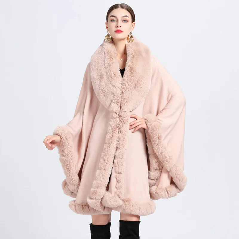 

New Elegant V Lapel Faux Rex Rabbit Fur Coat Cape Poncho Winter Women Big Long Shawl Full Trim Fur Knit Cloak Overcoat Parka