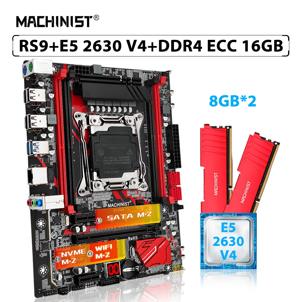 

MACHINIST X99 RS9 Set Motherboard LGA 2011-3 Kit Xeon E5 2630 V4 Processor CPU 16GB=2pcs*8GB ECC DDR4 RAM Memory NVME M.2 WIFI