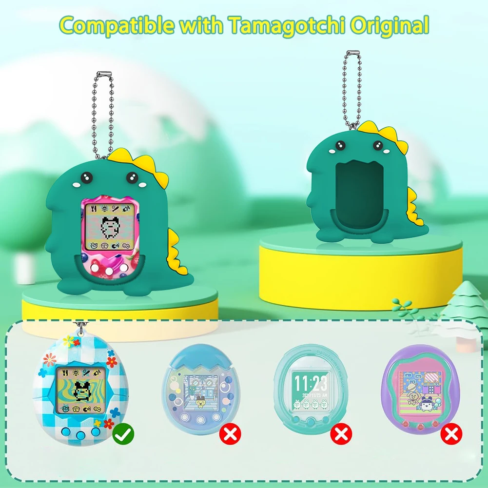 MOWYEOK Siliconen hoes voor Tamagotchi Uni(2023), stootvaste beschermhoes met cartoonpatroon voor Tamagotchi, effen spelconsole-accessoires, met ronde gespen en sleutelkoord (dinosaurus