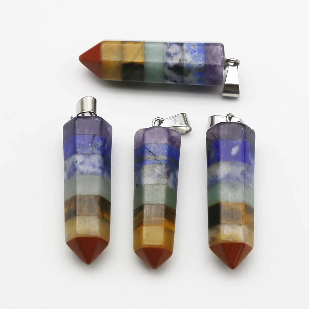 New Natural Stone 7Chakras Hexagon Pillar Necklace Pendant Mineral Healing Charm Fashion Jewelry Accessories Gift Wholesale 4Pcs