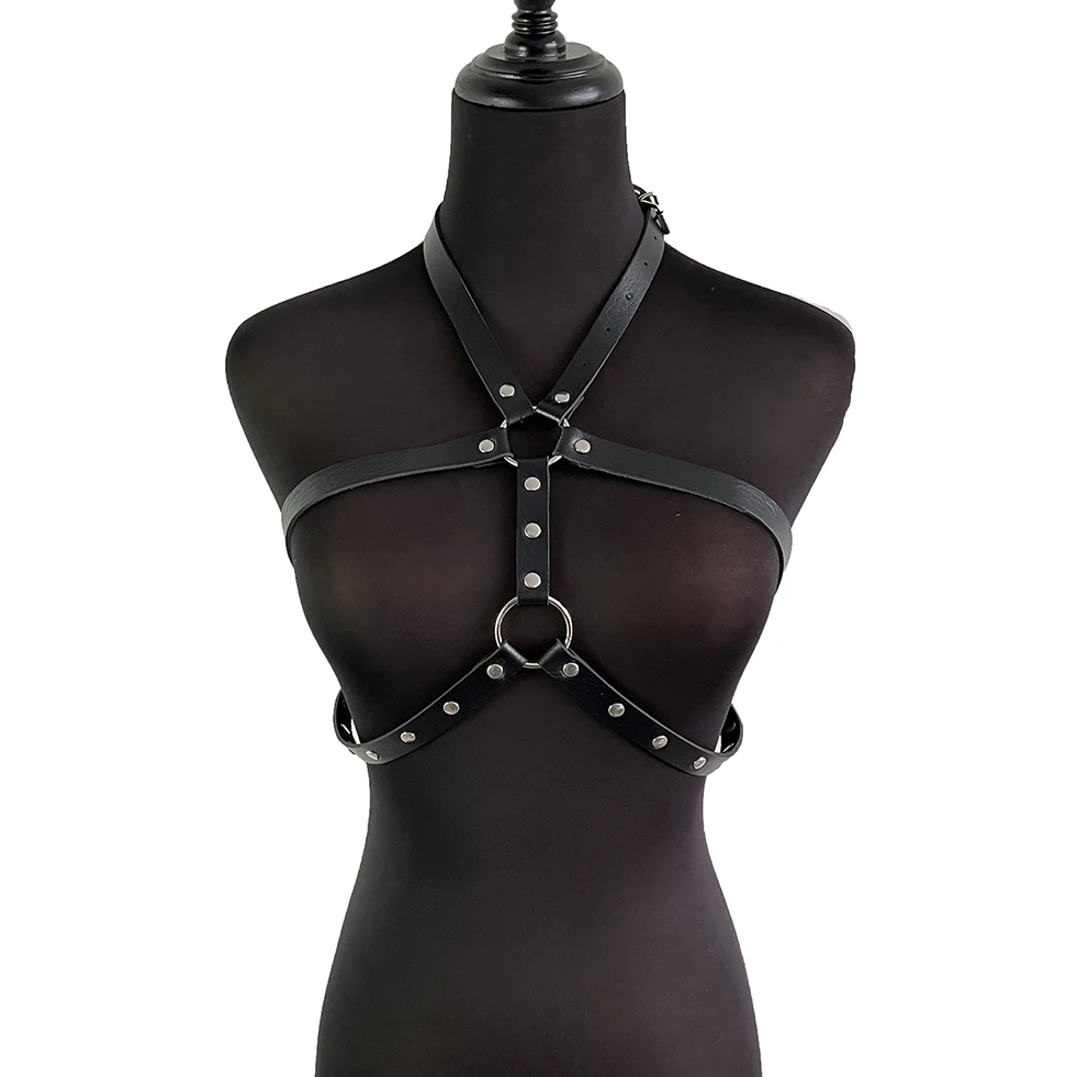 New Sexy Women's Pu Leather Harness Underwear Adjustable Bondage Bra Belt Gothic Handmade Rivet Chest Strap Lingerie Garter