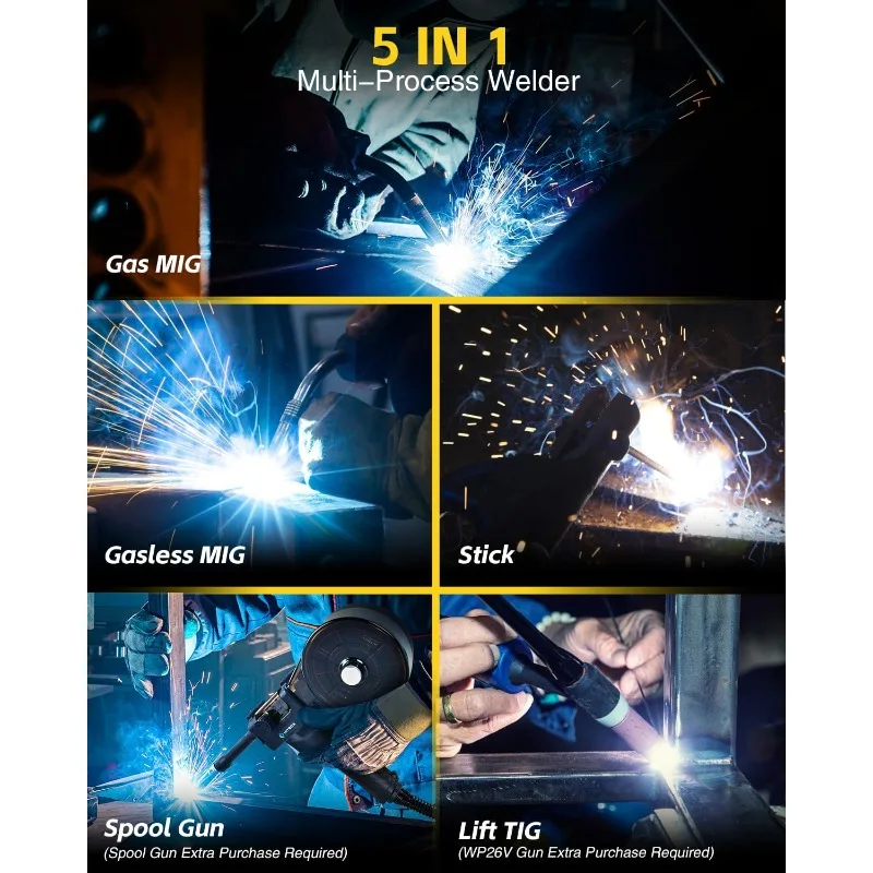 HZXVOGEN 200A Aluminum MIG Welder, 5 in 1 Multi-process Welding Machine 110V/220V Classless Flux Core Welder/Lift Welder/Spot