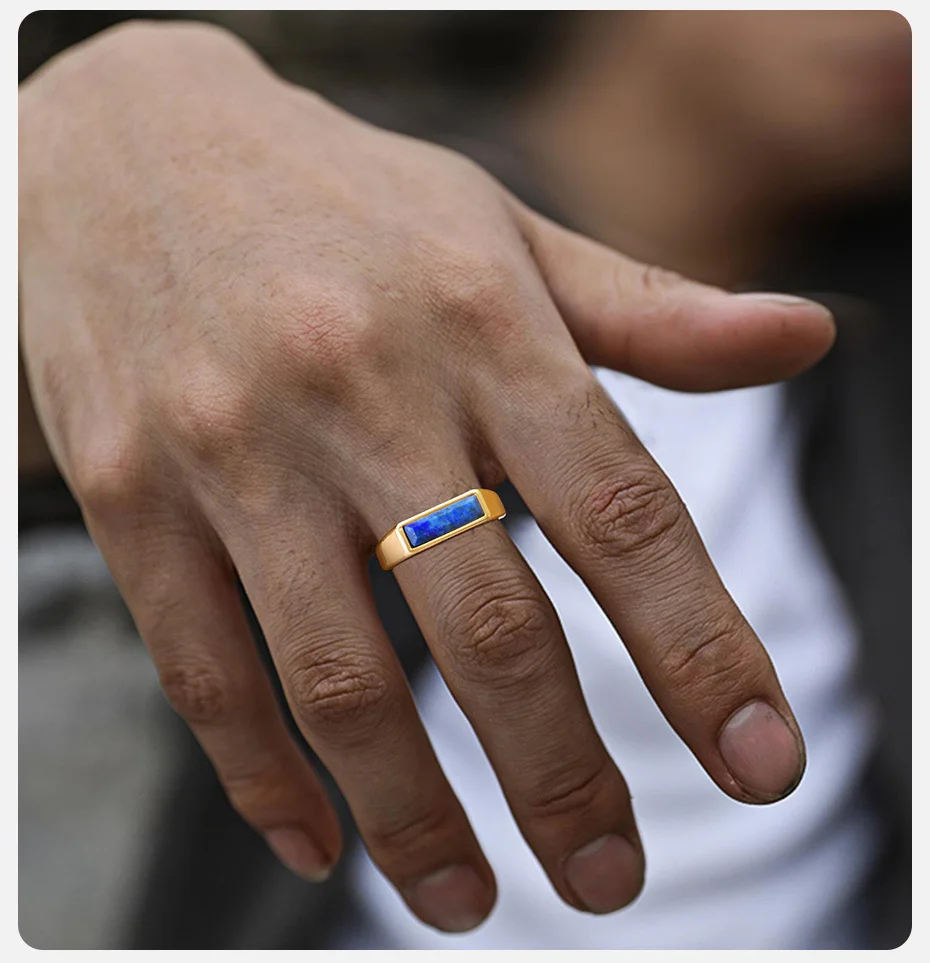 Vnox Naturstein-Siegelring für Männer und Frauen, Unisex-Fingerband aus vergoldetem Edelstahl, brüderer Ring als Geschenk – Detail 5