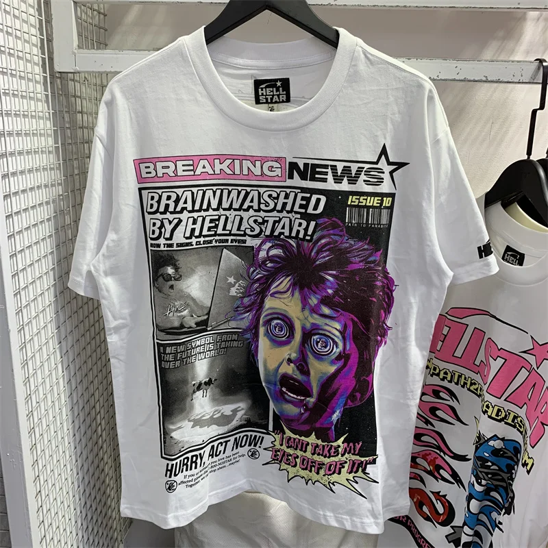 

Streetwear Hellstar Explosion News T-shirt Tops Vintage Mens Womens White Oversized Hellstar Short Sleeve T Shirt With Tags