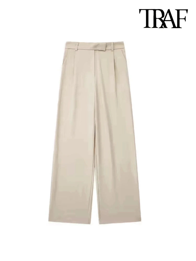 TRAF Women Fashion With Darts Front Pockets Wide Leg Pants Vintage High Waist Zipper Fly Female Trousers Mujer - Image 4