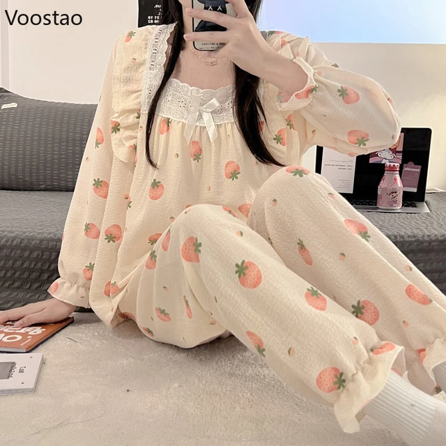 Spring Autumn Sweet Lolita Pajamas Suit Women Kawaii Lace Bow