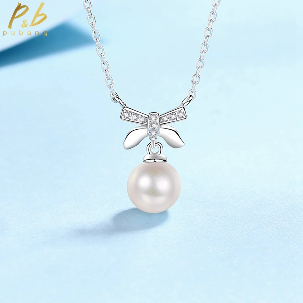 

PuBang Fine Jewelry 925 Sterling Silver Bowknot Real Moissanite Diamond Pearl Pendant Necklace for Women Party Gift FreeShipping