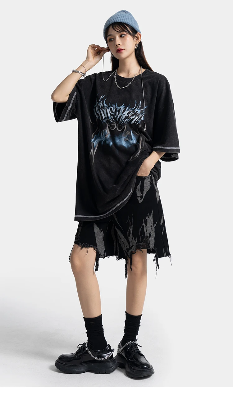 2025 Men Hip Hop Streetwear Washed T Shirt Graphic Printed
