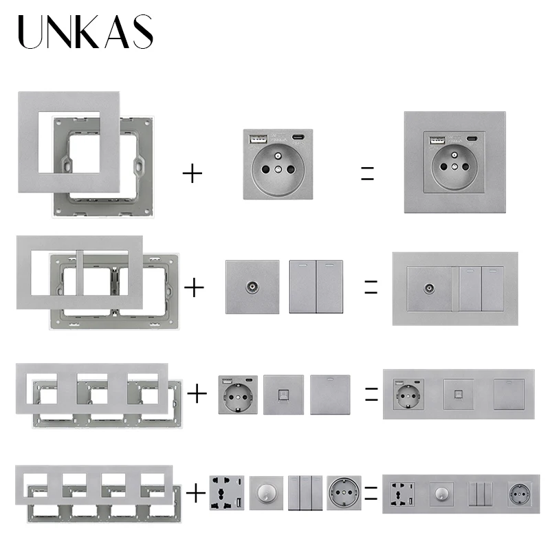 Unkas Diy Grey Plastic Eu Fr Univers Wall Type-C Socket Dimmer Tv Internet Materials Insert Function Key Per Porta Di Ricarica Usb