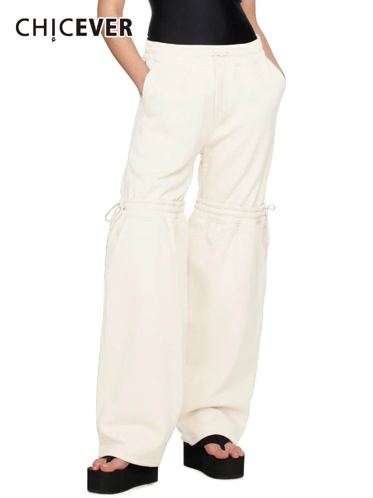 

CHICEVER Minimalist Patchwork Lace Up Trousers For Women High Waist Spliced Pockets Autumn Casual Solid Wide Leg Pants Female