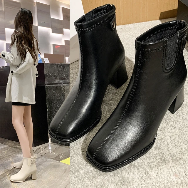 Botas De Tacón Grueso De Color Sólido Para Mujer, Botas Cortas Con Cordones  De Moda, Botines Cómodos