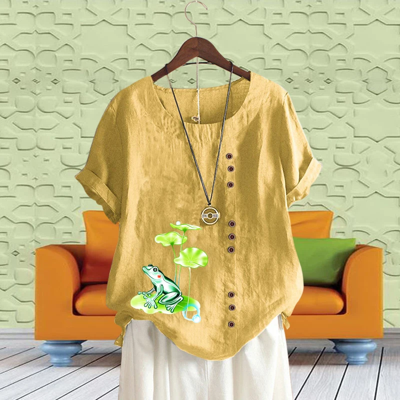 

Женская льняная блузка с рисунком, свободная футболка с круглым вырезом, однотонные Топы с коротким рукавом