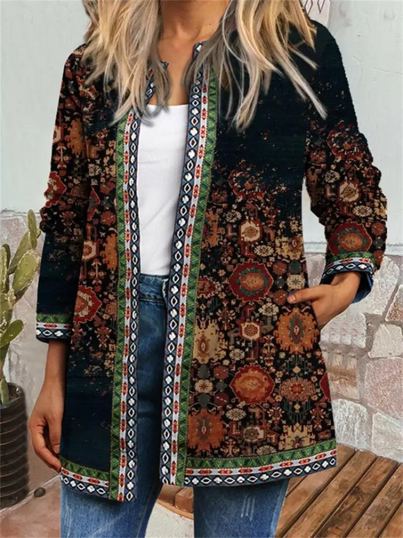 

Spring /Autumn Women's Vintage Plaid Stripe Printed Cardigan Coat