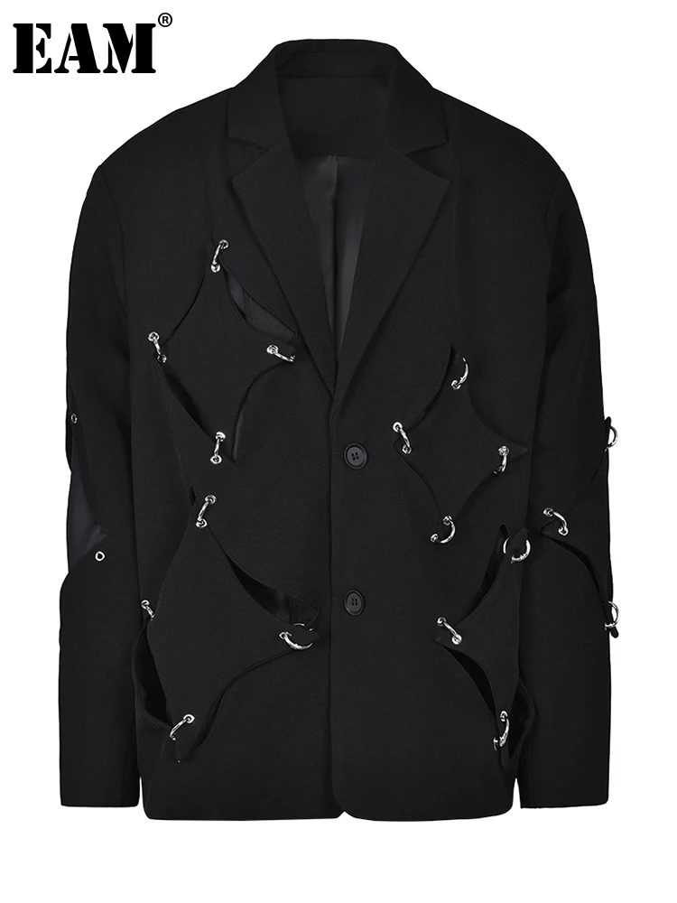 

[EAM] Women Black Irregular Metal Buckle Big Size Blazer New Lapel Long Sleeve Loose Jacket Fashion Spring Autumn 2024 1DF8282